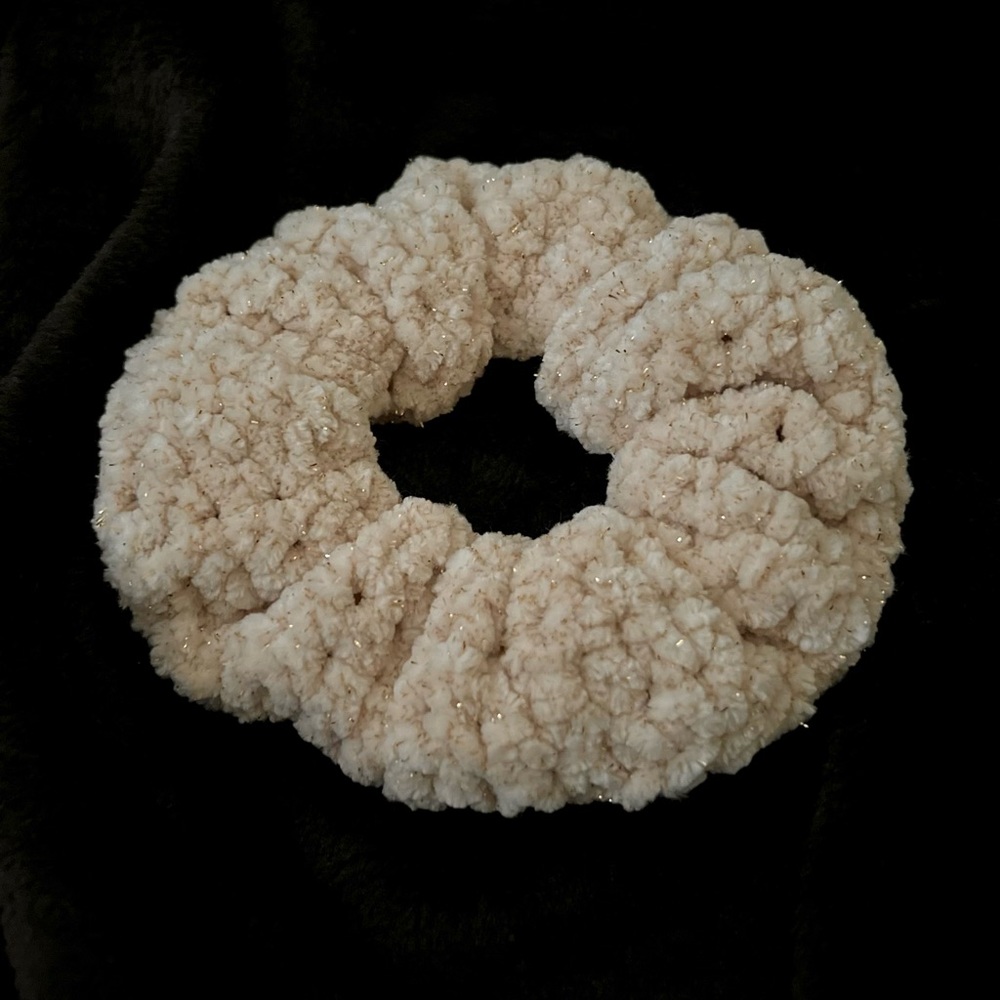 Handmade Medium Crochet Sparkle Velvet Scrunchie “Ivory”